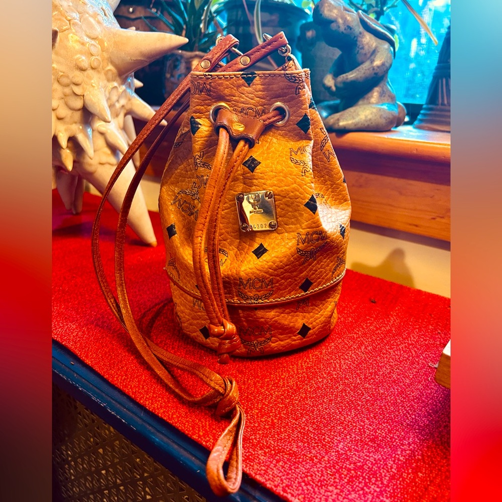 MCM Small Visetos Cognac Drawstring Bucket Bag